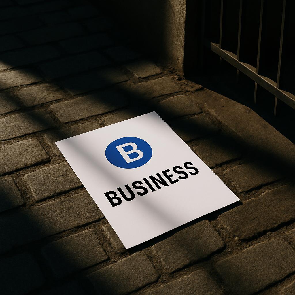 A white card with the word "BUSINESS" in black text and a blue circle with a white letter "B". The card lies on a dark-bri...