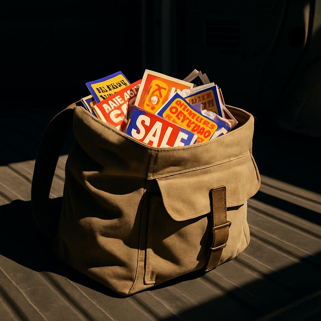 Bag of sale signs sitting in the back of a vehicle.